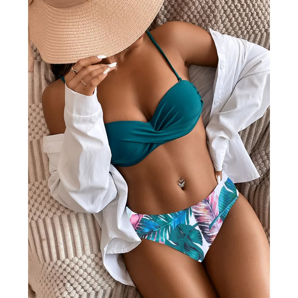 Print Bandeau Bikini Swimsuit Women Push Up Bikini Set Swimwear Female High Waisted Bathing Suit Beach Wear Brazilian Biquini