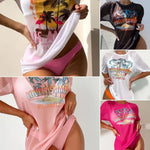 3Pcs/Set Summer Women Bikini Set Solid Color Halter Bra Low-rise Briefs Lace-up See-through Tropical Print Bathing Suit
