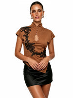 Women's Cheongsam Tops Mock Neck Short Sleeve Lace PatchworkBlouse Chinese Style Keyhole Summer Shirts