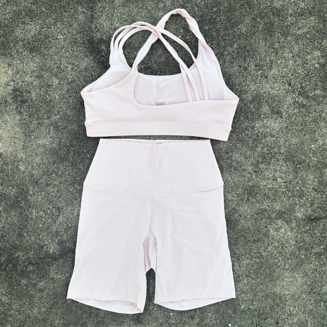 Solid Color Soft Tight Women Gym Yoga Short Legging Cycling Set High Impact Cross Back Shoulder Strap Fitness Sports Bra Workout