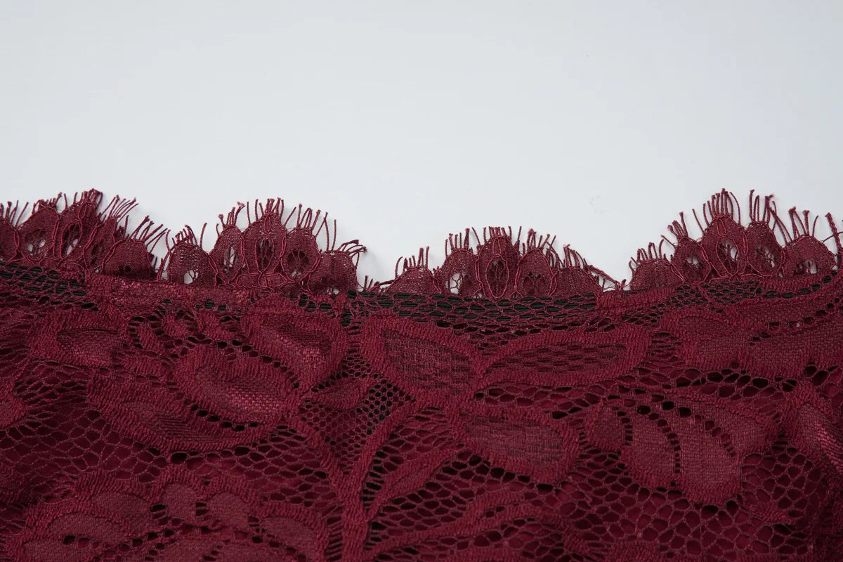 FDYOUI 2026 Spring Summer Wine Red Lace T-shirts for Women Slash Neck Slim Crop Tops Sexy Elegant See-through Short Tee Shirt