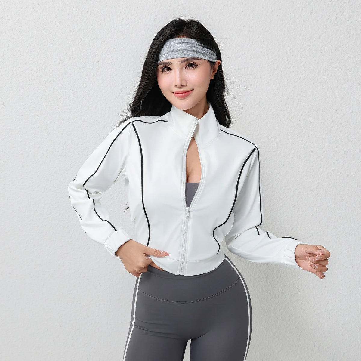 Women's Contrast Color High Elasticity Four-Way Stretch Full Zip Yoga Jacket Quick Dry Breathable Active Wear