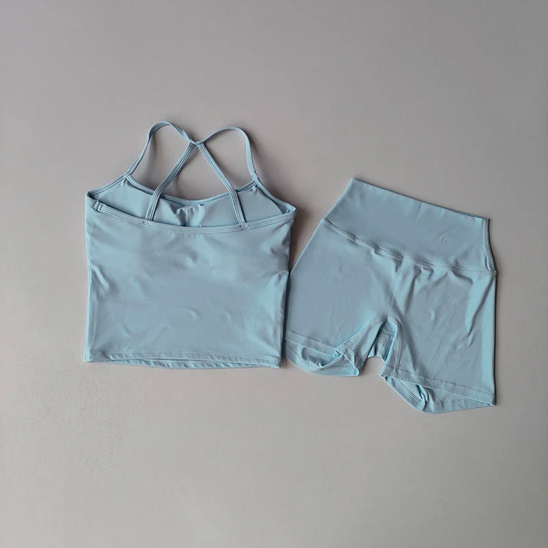 Women's Slim Shoulder Yoga Vest High Waisted Waist Hugging Naked Yoga Three Part Shorts Exercise Set Popular Fitness Clothing