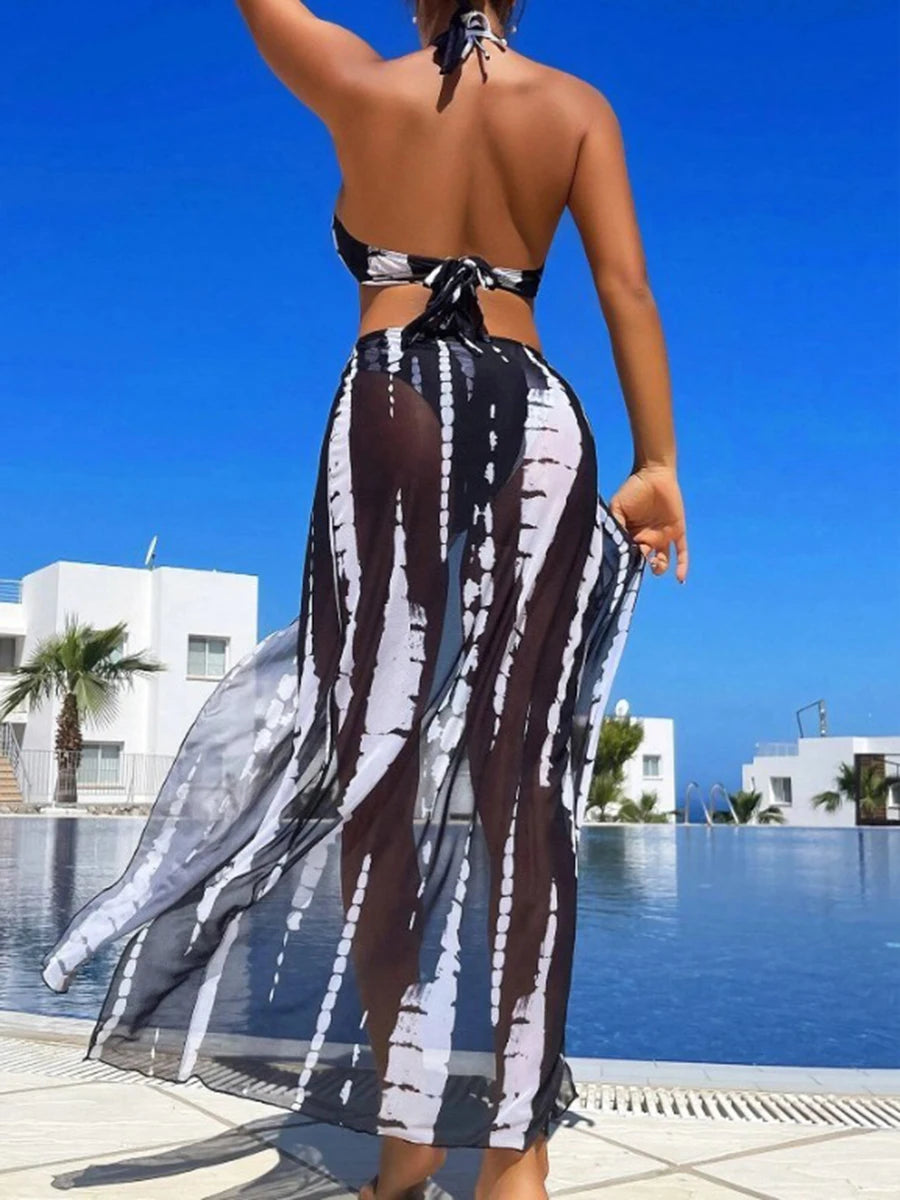 3 Pieces Halter Ring Link Bikini 2026 Women Cut Out Side Cover Up Dress Swimsuit Sexy Swimwear Female Bathing Swimming Swim Suit
