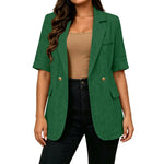 Women Textured Blazer Jacket Lapel Collar Double Breasted Half Sleeve Pocket Loose Suit Coat Elegant Office Summer Outerwear