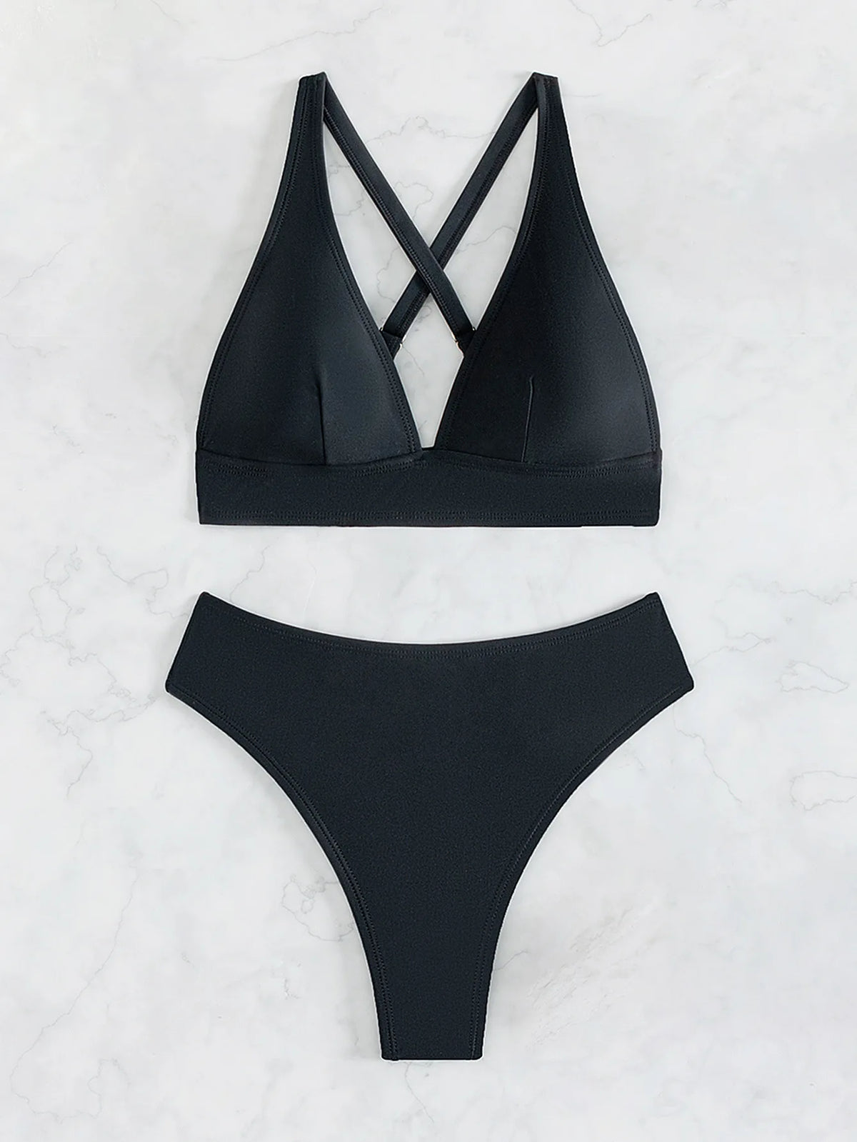 Solid Color Black Swimsuit for Women 2026 Summer High Waist 2-piece Bikini Set Beach Bathing Suit Bandage Vacation Swimwear
