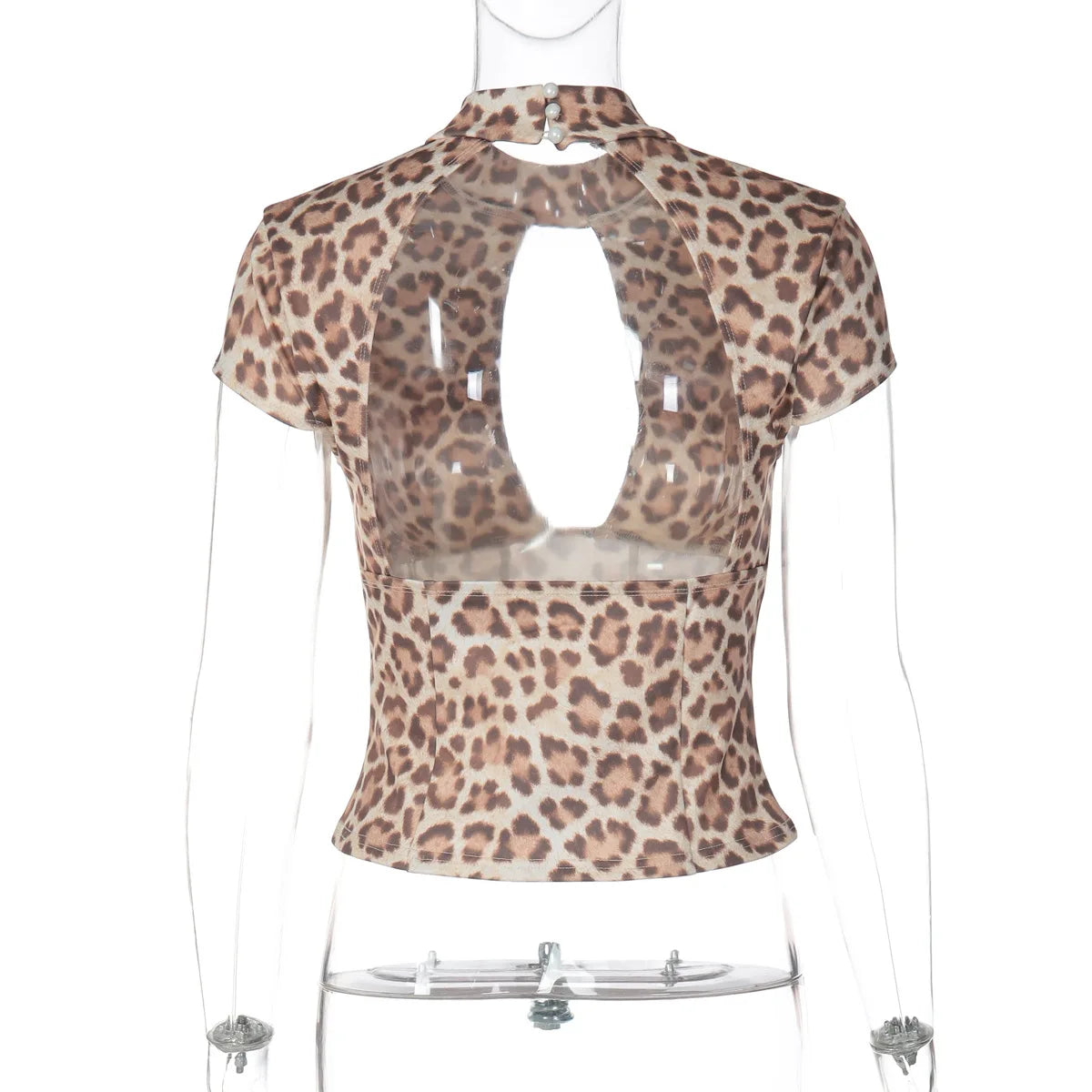 FDYOUI 2026 Summer Hollow Out Backless T-shirts Women's Sexy Short Sleeve Leopard Print Tee Shirt Lady Slim Crop Tops Streetwear