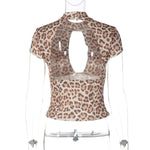 FDYOUI 2026 Summer Hollow Out Backless T-shirts Women's Sexy Short Sleeve Leopard Print Tee Shirt Lady Slim Crop Tops Streetwear