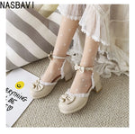 Girls Women 2026 Lolita Square Heeled Leather Single Shoes White Bow Lolita Mary Janes Summer Buckle Strap Sandals Dress Shoes
