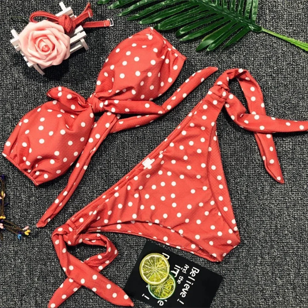 Ribbed Knotted Polka Dot Bikini 2025 Women Strapless Bandeau Swimsuit Female Swimwear Two Pieces Bikini Set Bathing Suit Swim