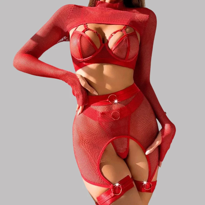 Toucheart Sexy Lingerie Set For Women Hollow Mesh See-through Sexy Temptation Free Underwear Long Sleeves Garters Lingerie Set