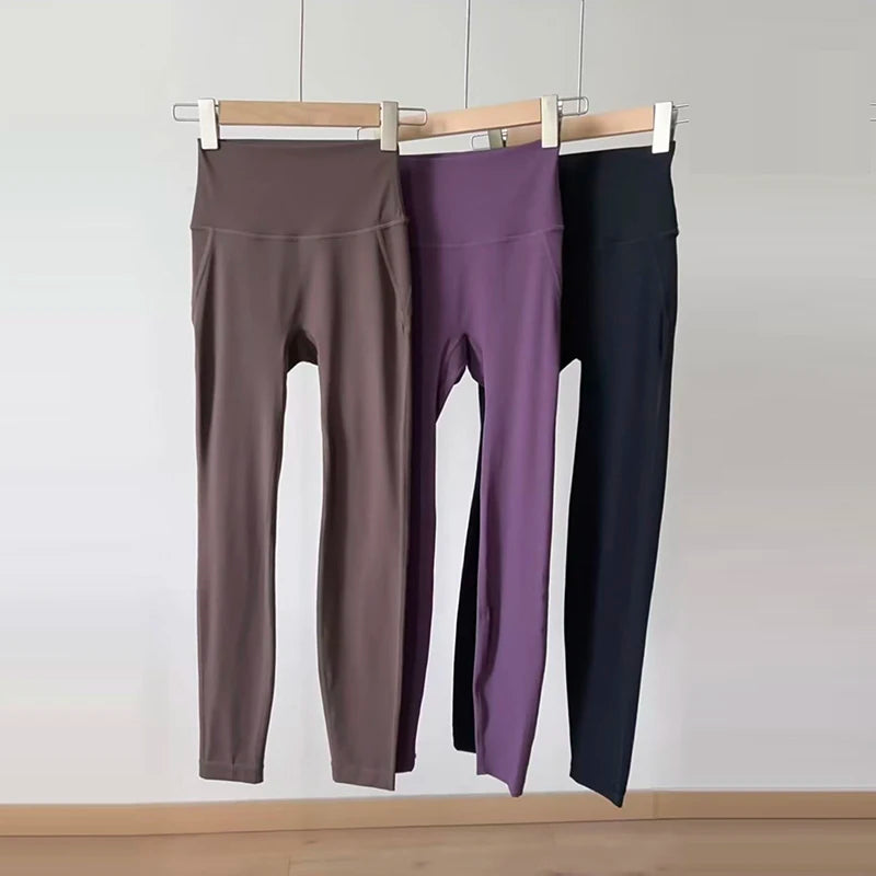 Nude Yoga Leggings Women High Waist One-piece Fitness Wear-free Underwear Belt Pocket Sports Pilates Trousers Fitness Pants