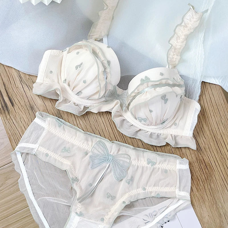 Japanese MOMOKO Butterfly Lingerie Set Wireless Bralette Sweet Pure Style Push Up Gathering Support for Small Chest No Underwire