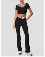 Summer Quick Drying Yoga Sets Women Black Patchwork Short Sleeve Cross Neck Sports Top High Waist Flared Pants Fitness Suits