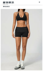 Breathable Striped Patchwork Yoga Clothing Women Fake Two-piece Sports Bra Folding High Waist Shorts Gym Running Fitness Suit