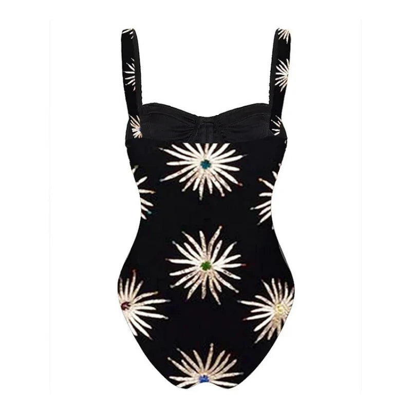 Retro One Piece Swimsuit with Skirt Shoulder Strappy Floral Print Women's Slimming Bathing Suit Beach Wear