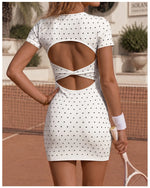 Retro Polka Dot Sports Tennis Dresses Women Quick Drying Round Neck Short Sleeve Back Hollow Cross Slim Yoga Golf Fitness Dress