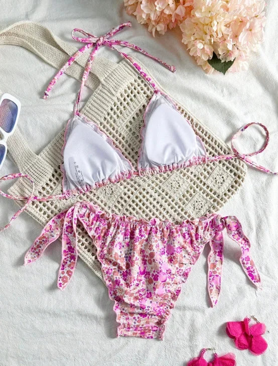 Women Cute Bikini Set 2025 New Summer Orange Floral Print Halter Ruffles Push Up Tie Side Thong Swimsuit Bathing Suit