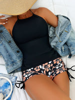 2026 Women's Bikini 2-piece Swimwear Tankini Set Sexy Halter Black Bathing SuitFloral Print Drawstring High Waist Swimsuit