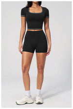 Speed Drying Tight Yoga Sets Women Color Contrast Short Sleeve Slim Sports Top High Waist Leggings Running Fitness Athletic Wear