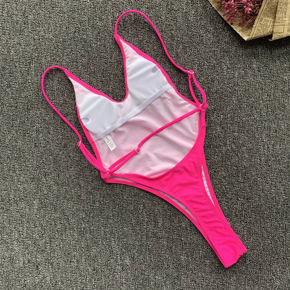2026 Fluorescent Green One Piece Swimsuit for Women,solid Color,thong Backless Bikini,U-neck Suspender Swimwear,Adjustable Strap