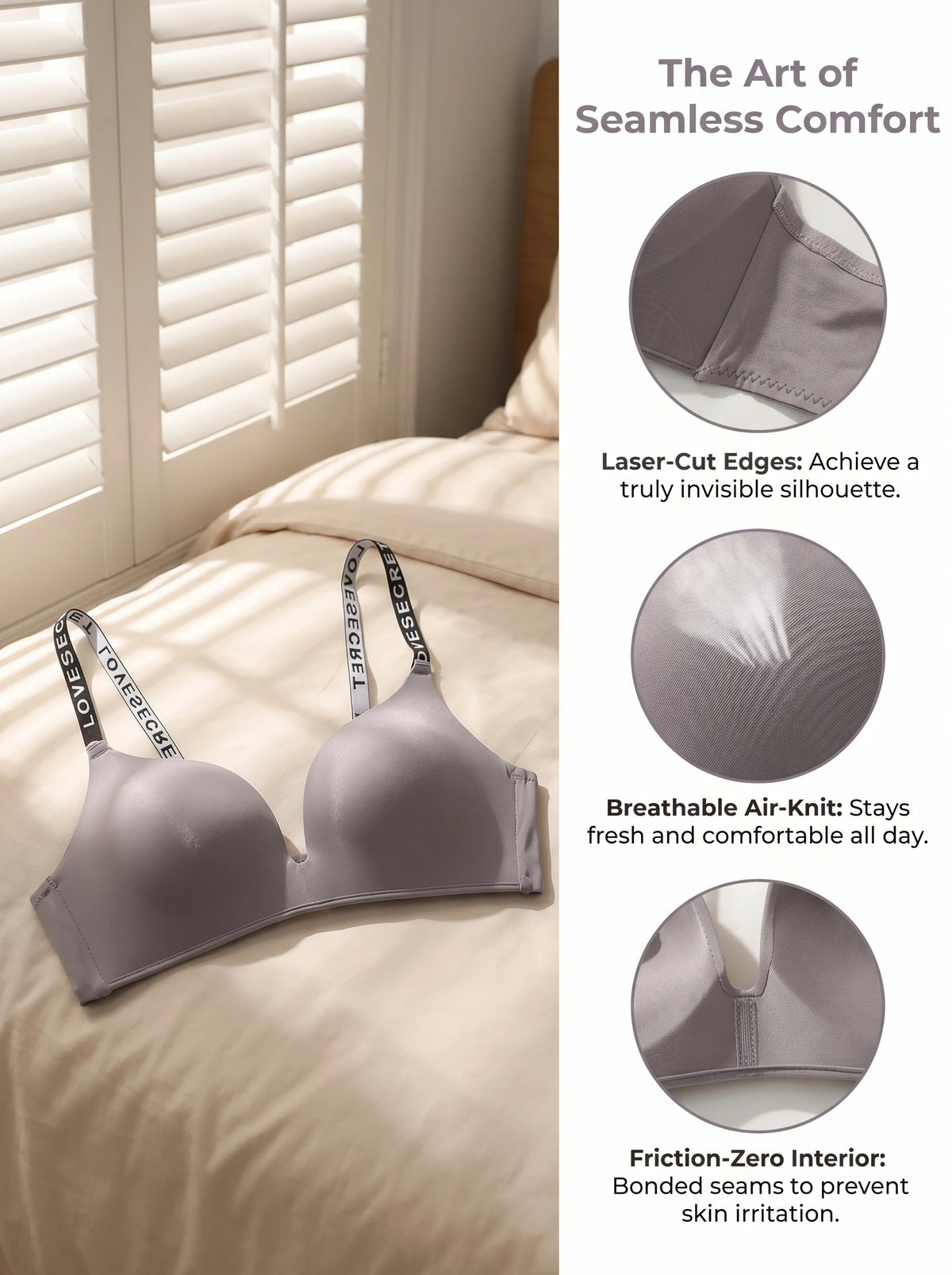 Grey Seamless Bra Women Wireless Underwireless Bralette Breathable Comfort Everyday Lingerie B2031