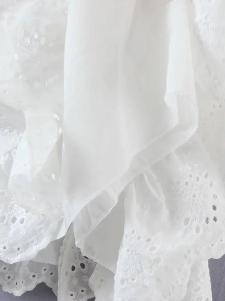 Foridol Ruffles Puff Sleeve White Lace Dress Flower Embriodery Hollow Out Cotton Beach Dress Women Backless Party Mini Dress