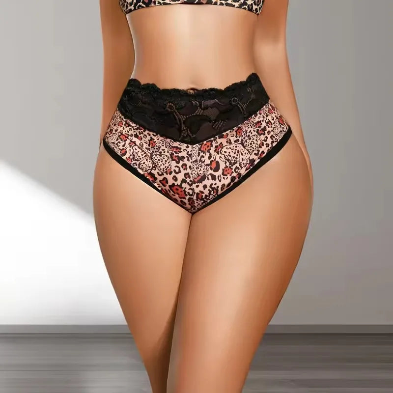 1pcs Leopard Print Sexy Lace Women Panties Mid Waist Breathable Comfortable Female Underpants Patchwork Lady Briefs Underwear