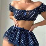Women's EroticShort Skirt with Garter Straps Sexy Lingerie Women Sexy Polka Dot Off Shoulder Puffy Skirt PolkaExotic Set