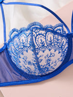 Royal Blue Floral Lace Lingerie Set Sheer Mesh Underwire Bra With Bow & Thong Women Sexy Underwear ZA824057