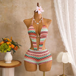 Bohemia Pink Knitted Striped Swimwear 2026 Women Metal Circle Patchwork Hollow Backless Beach Bathing Suit One Piece Swimsuit