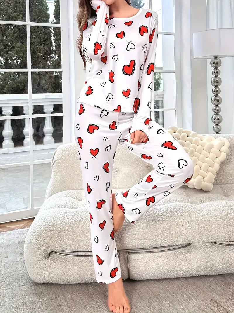 Autumn Winter Pajama Set for Women Sleepwear Heart Print Knitted Round-Neck Loose Tops and Elastic Long Pants Loungewear