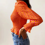 Women Fashionable Casual Round Neck Smocked Bubble 3/4 Sleeve Tops Summer Fall Plaid Print Ruffled T-shirts