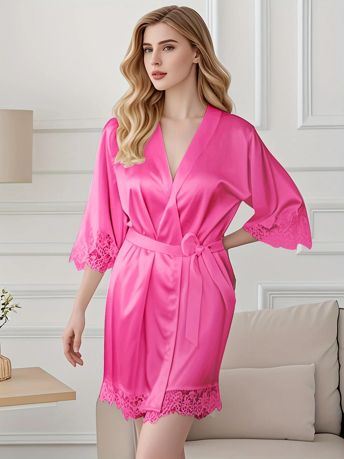 Women's Satin Robe Lace Trim Short Sleeve Belted Bathrobe Lightweight Silky Sleepwear for Home Bridal Nightwear