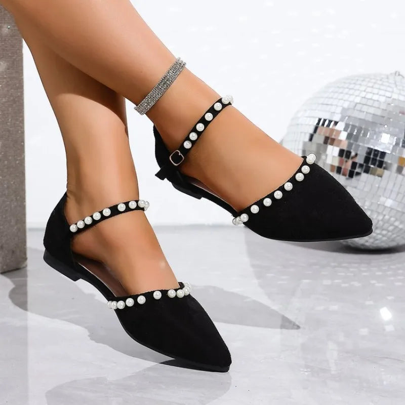 Shoes for Women 2025 Closed Toe Women's Sandals Concise Daily Ladies Pointed Toe String Bead Buckle Strap Cover Heel Flat Shoes