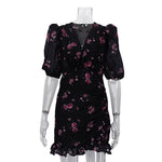 FDYOUI Elegant V-neck Floral Printed Short Dress High Street Women's Puff Sleeve High Waist Tunics Ruched Vacation Party Dresses
