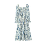 French Casual Style Square-neck Slim-fit Dress Feminine With Side Slit Three-quarter Sleeves Waist Cinching Printed Holiday THF3