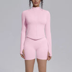 Women's Seamless Yoga Sets Sports Fitness Gym Zipper Long-Sleeve Jacket Hip Lift High-Waist Shorts Suits Workout Training Sets