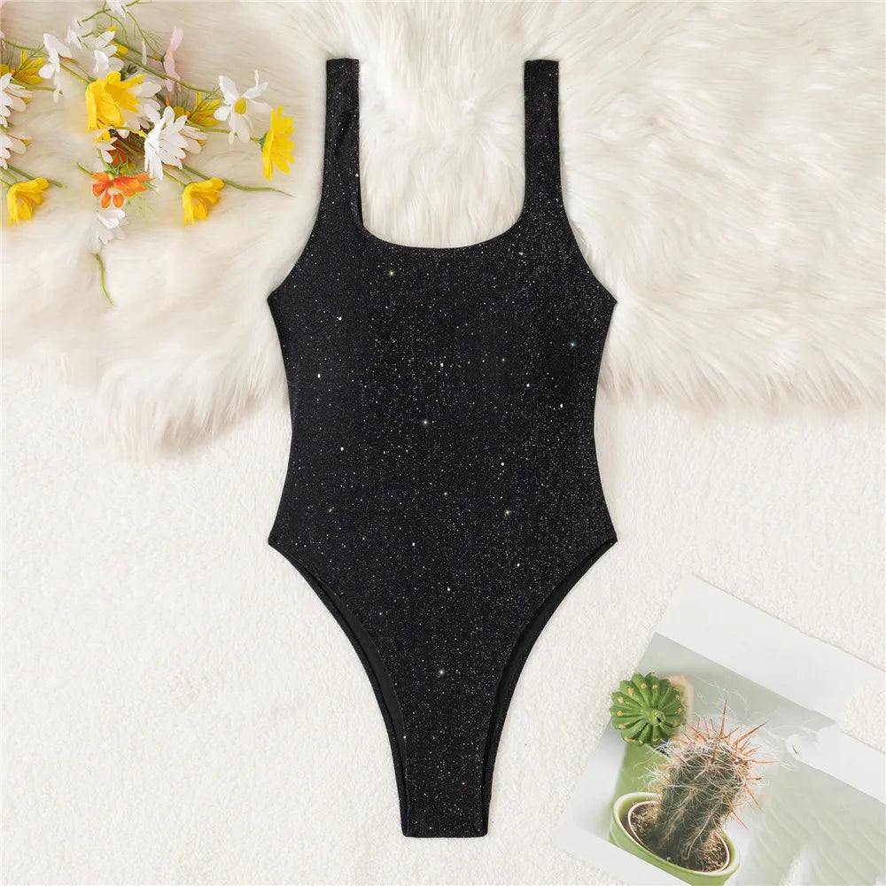 Shiny Black Backless Sexy Swimsuit Woman One Piece Solid Swimwears 2026 High Cut Monokini Lace-up Bathing Swimming Suit Bodysuit