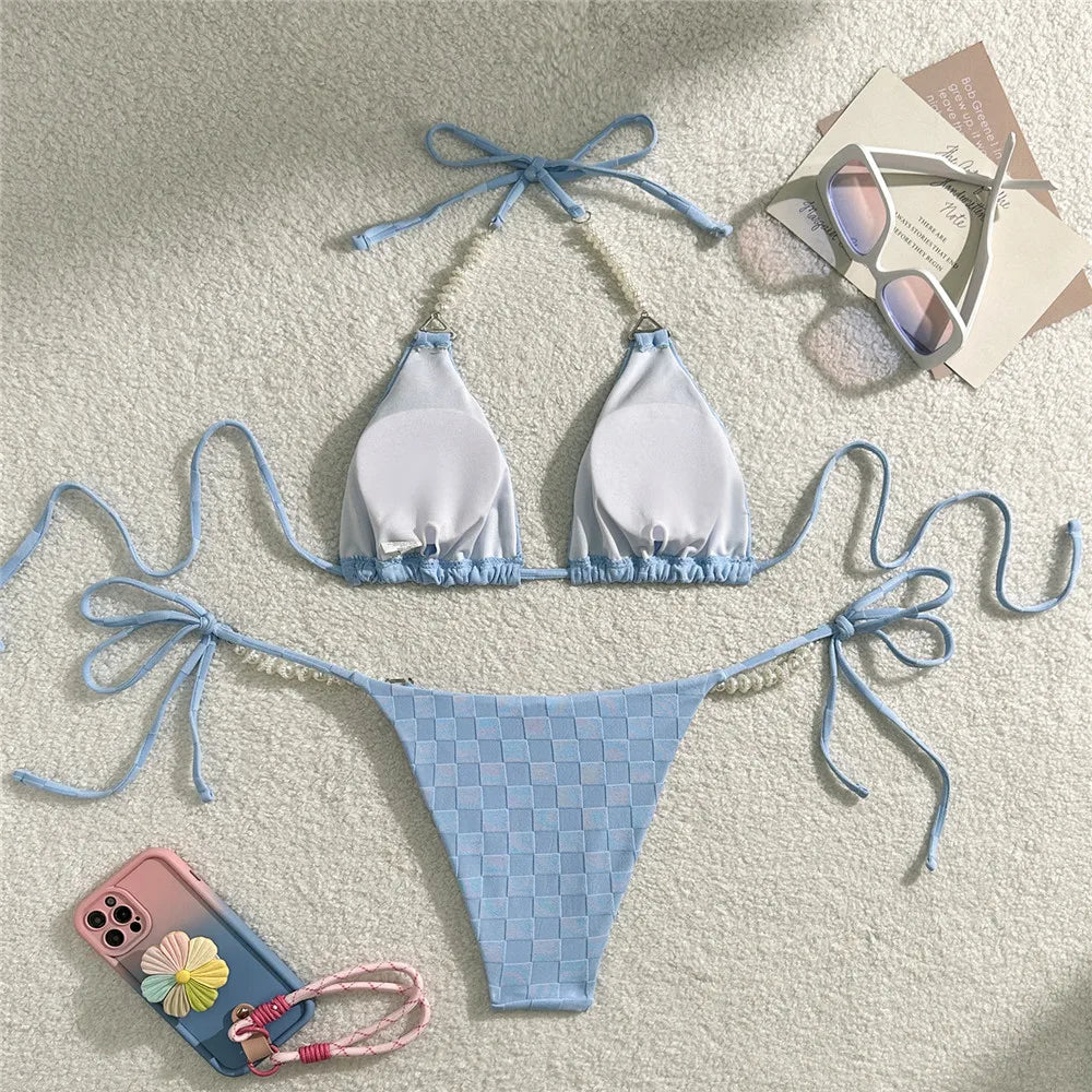 Light Purple Swimwear Pearl String Halter Micro Bikini Thong 2026 Sexy Swimsuit Women Bathing Suit Triangle Bikinis Sets Mujer