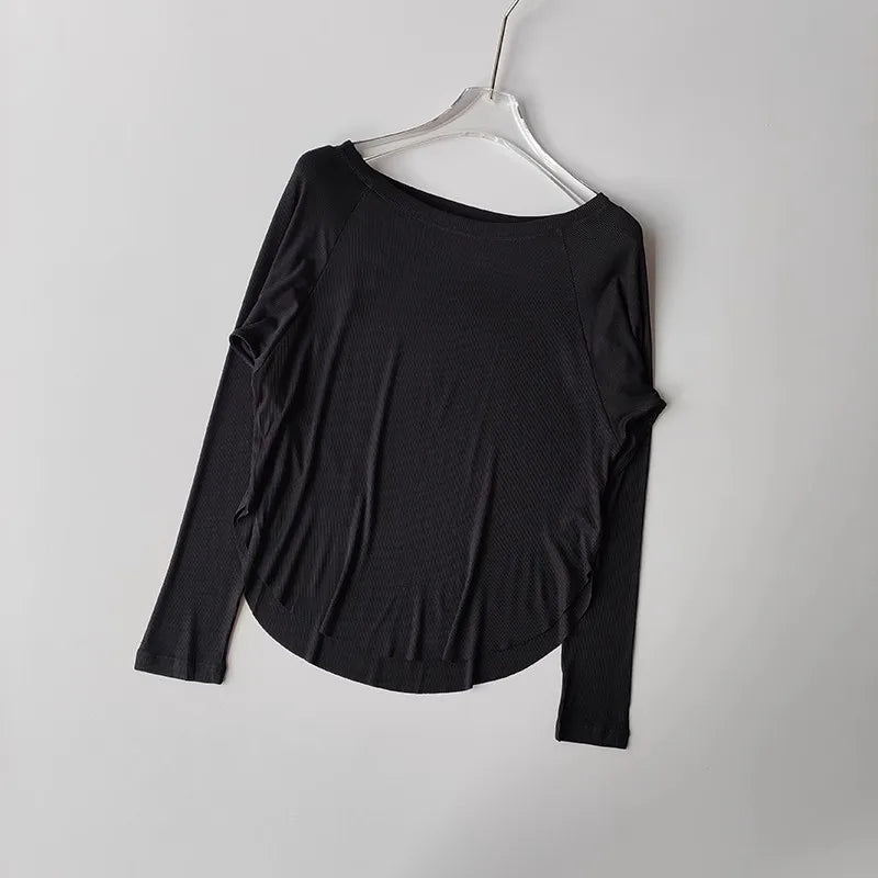 Women's yoga sports T-shirt, Modal ribbed yoga long sleeved outdoor sports loose top slimming yoga T-shirt cover