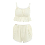Women Pajamas Summer Fashion Lace Trim Ruffle Hem U-Neck Strap Cable Textured Cami & Casual Home Shorts Set Sleepwear