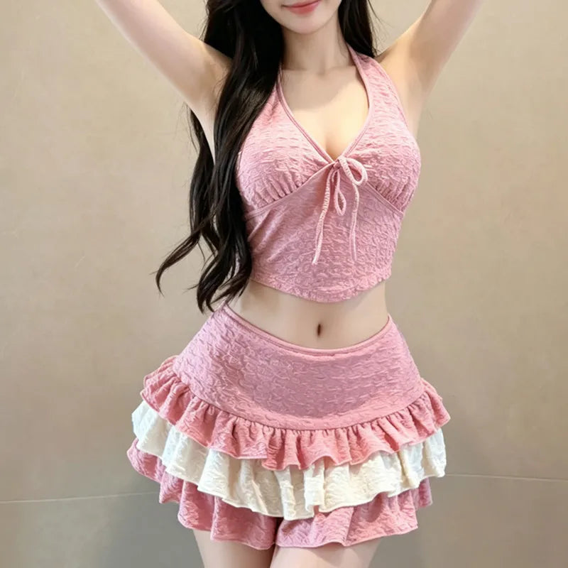 Pink Bikini Set 2026 Women Korean Hanging Neck Front Tie Bra Pleate Skirt 3 Piece Swimsuit Beach Bathing Suit Vacation Swimwear