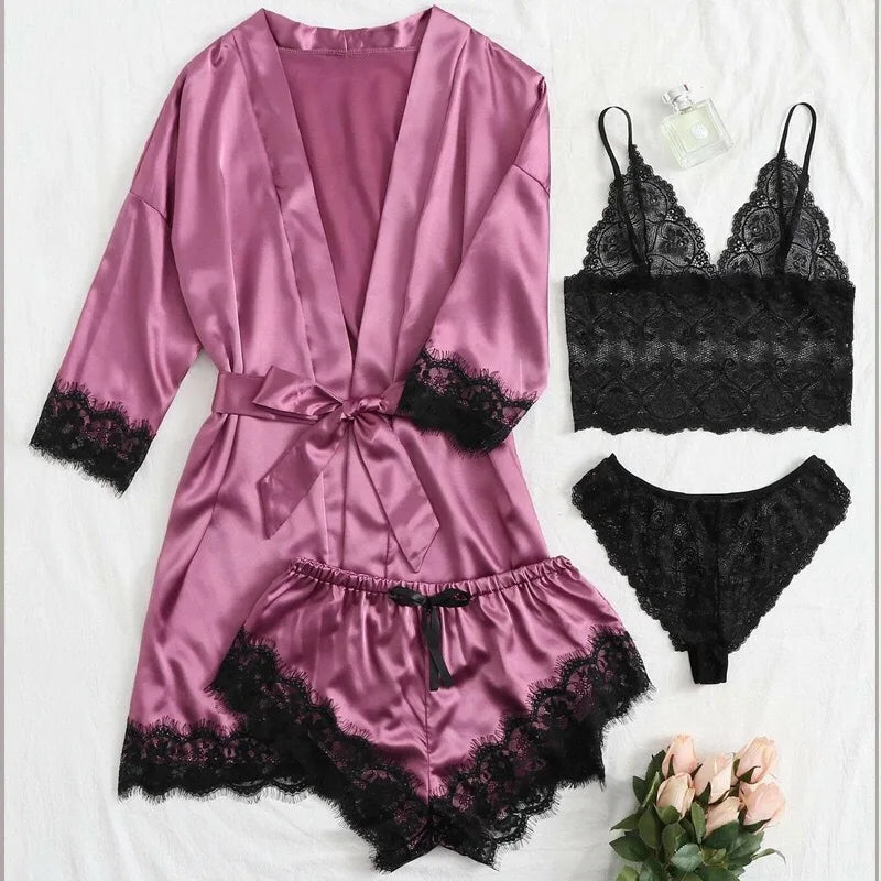 2025 New Women's Pajama Fashion 4-Piece Set Lace Satin Strap Sexy Pajama Set Dress Skin Friendly Comfortable Casual Pajama Skirt