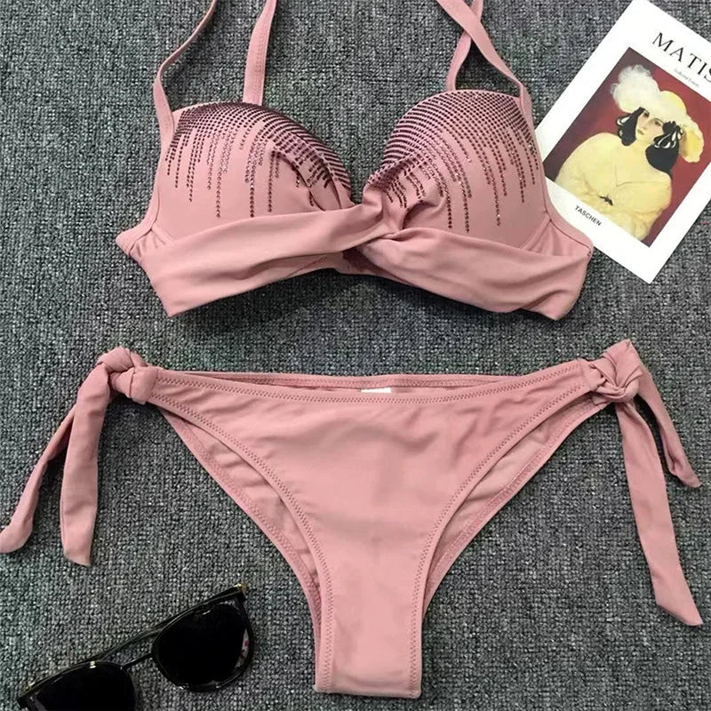 Shiny Sequins Diamond Push Up Bikini 2026 Female Swimsuit Women Swimwear Two Pieces Bikini Set Bra Cup Bathing Suit Swim Lady