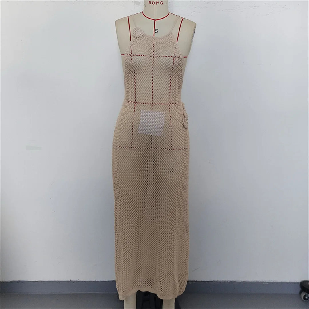 3D Flowers Hollow Out Backless Crochet Knit Tunic Beach Cover Up Cover-ups Beach Dress Beach Wear Beachwear Female Women K6561