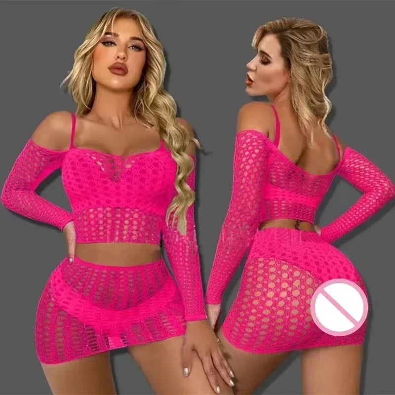 Mature and plus-size women's clothing, fishnet dress, sheer design, suitable for nightclub wear, and a sexy lingerie set.