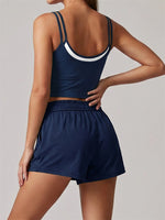 Women's New Summer Yoga Sets Color Blocked Double Strap Workout Tank Top Fitness Suit Drawstring High Waist Short Sport Set