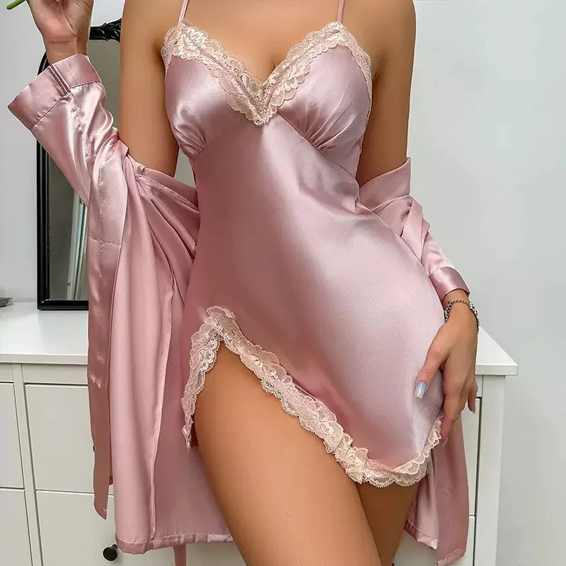 Women Navy Satin 2 Piece Pajama Set Lace Trim Slit Slip Dress Long Kimono Robe Silky Sleepwear Lingerie Nightgown