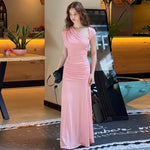 FDYOUI 2026 Summer Diagonal Collar Sleeveless Birthday Dress Women Sexy Tunics Pleated Solid Long Party Dresses Pink Black Gown